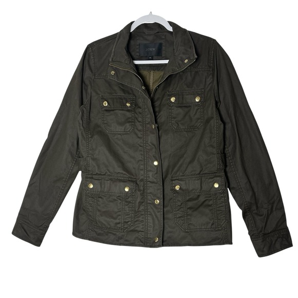 J. Crew Jacket Women's Medium Green Dark Moss Zip Snaps Wax Shell Outdoor - Picture 1 of 9